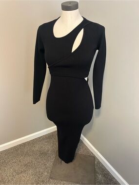 Astr Black Ribbed Long Sleeve Midi Dress with Asymmetric Cutouts